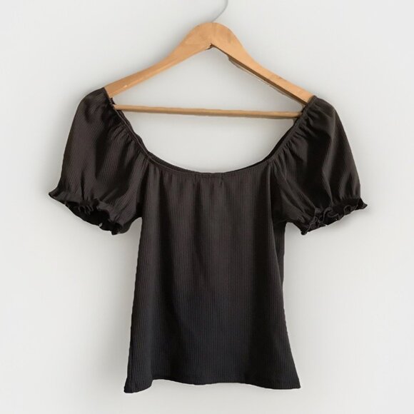 Frankee & Skylarr Brown Ribbed‎ Bow Top Women’s Size Large Puff Short Sleeves - Picture 2 of 7